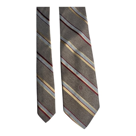 Vintage Christian Dior Striped Silk Tie Gray W/ Burgundy & Blue Accents - Picture 2 of 7
